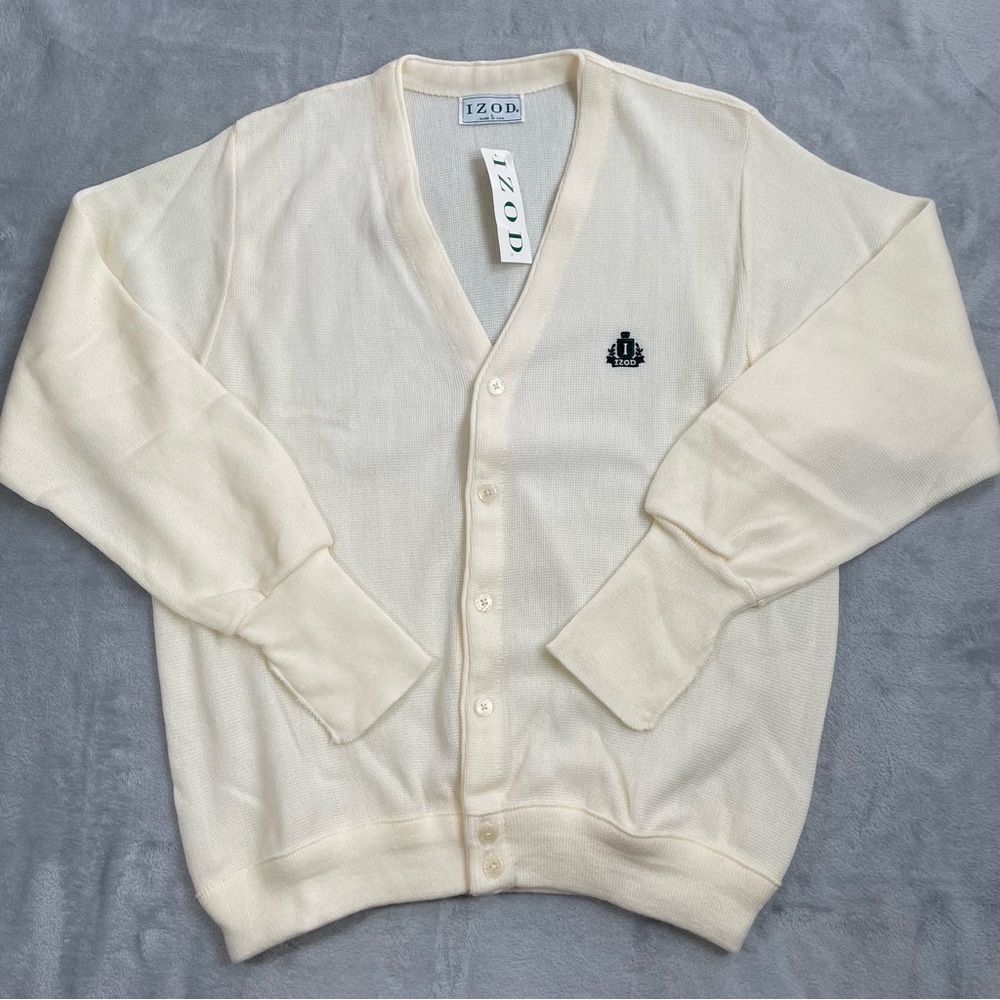 New Vintage Izod Grandpa Cardigan Sweater Large Men's Cream Preppy USA